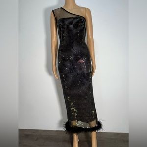 Black Bandage Rhinestones Feathers one shoulder Dress